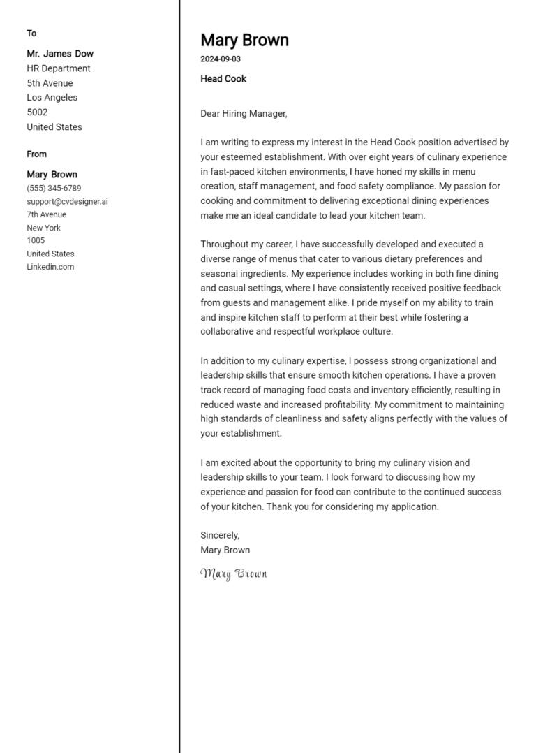 16 Head Cook Cover Letter Examples for 2025: Proven Tips