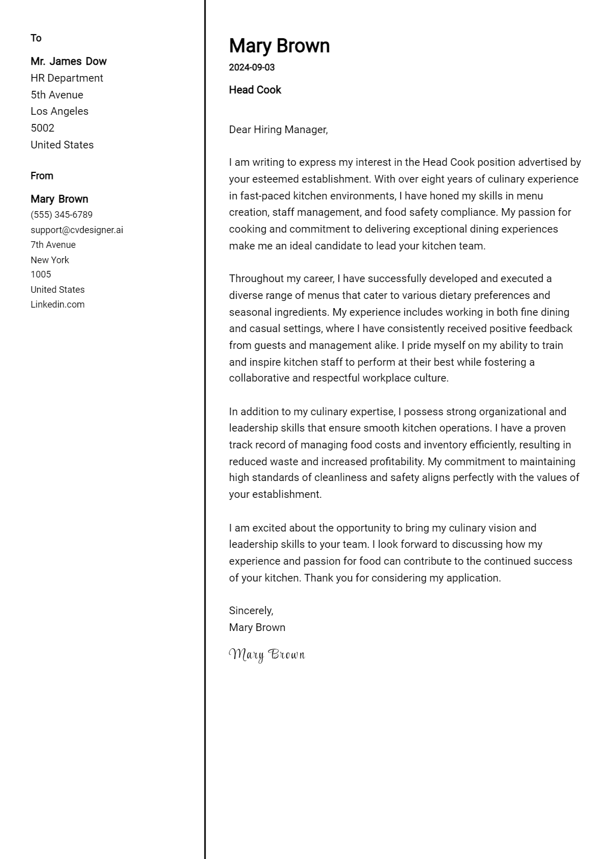 head cook cover letter example