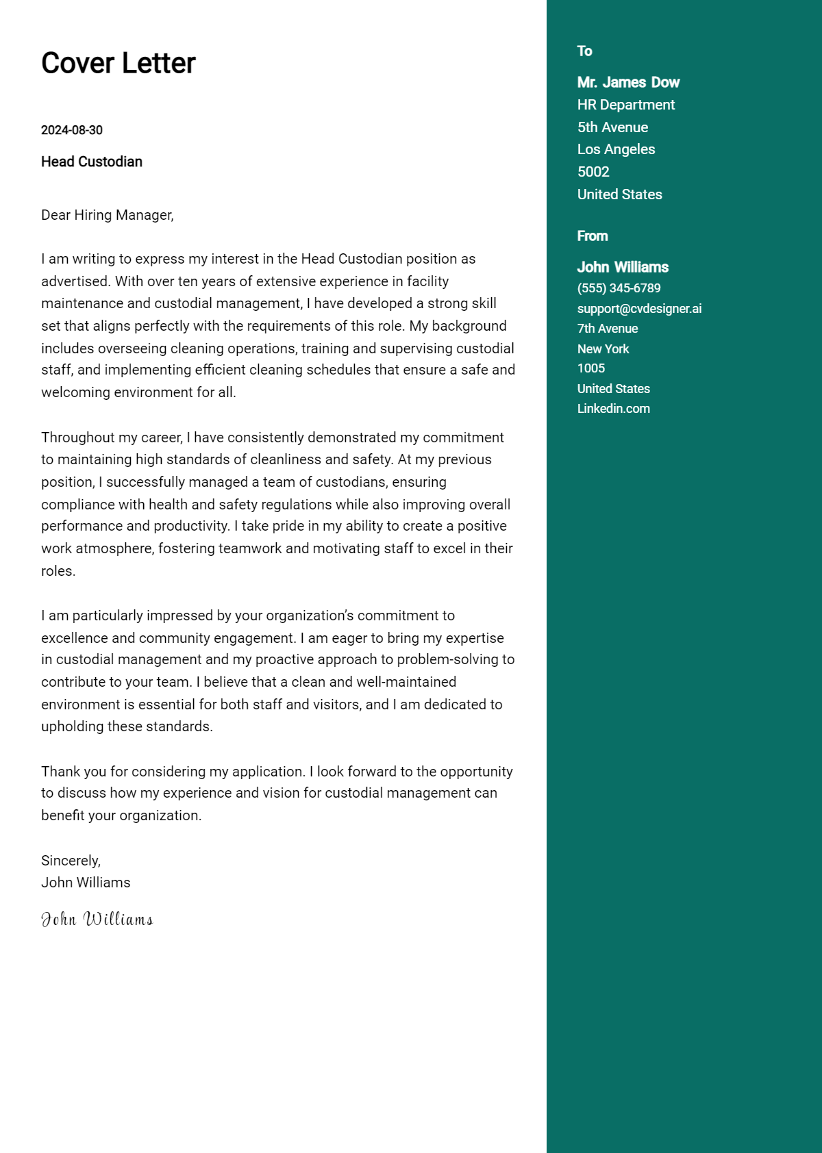 head custodian cover letter example