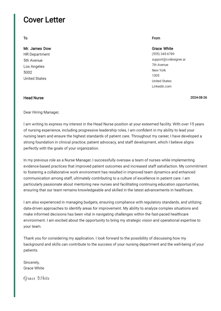 29 Head Nurse Cover Letter Examples for 2025 (Writing Guide)