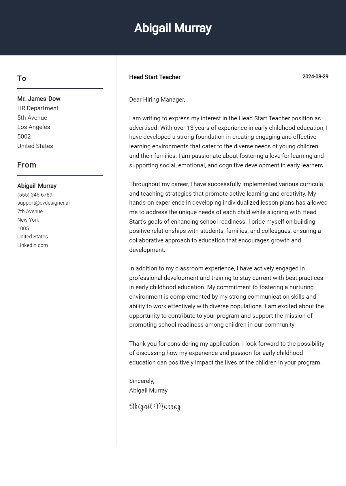 cover letter for head start teacher