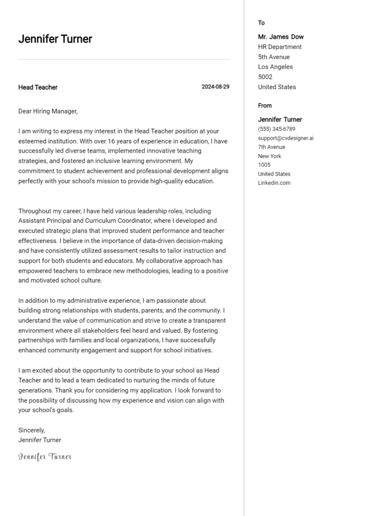 head teacher cover letter example