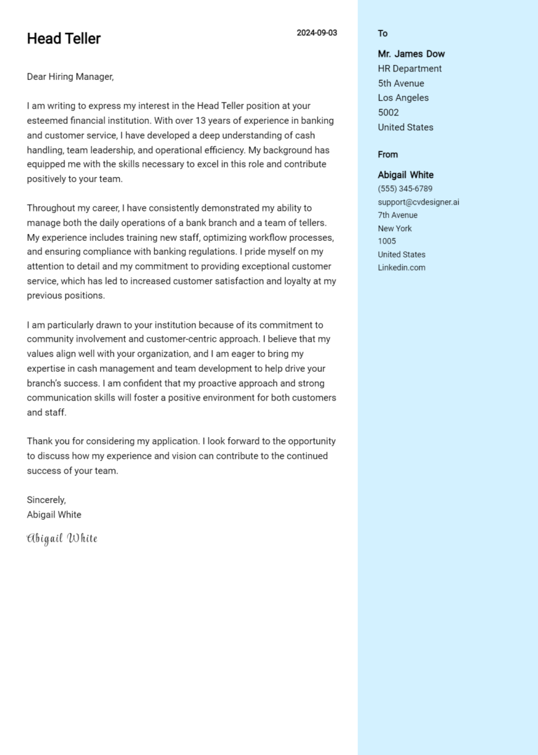Head Teller Cover Letter Example for 2025: Free Templates