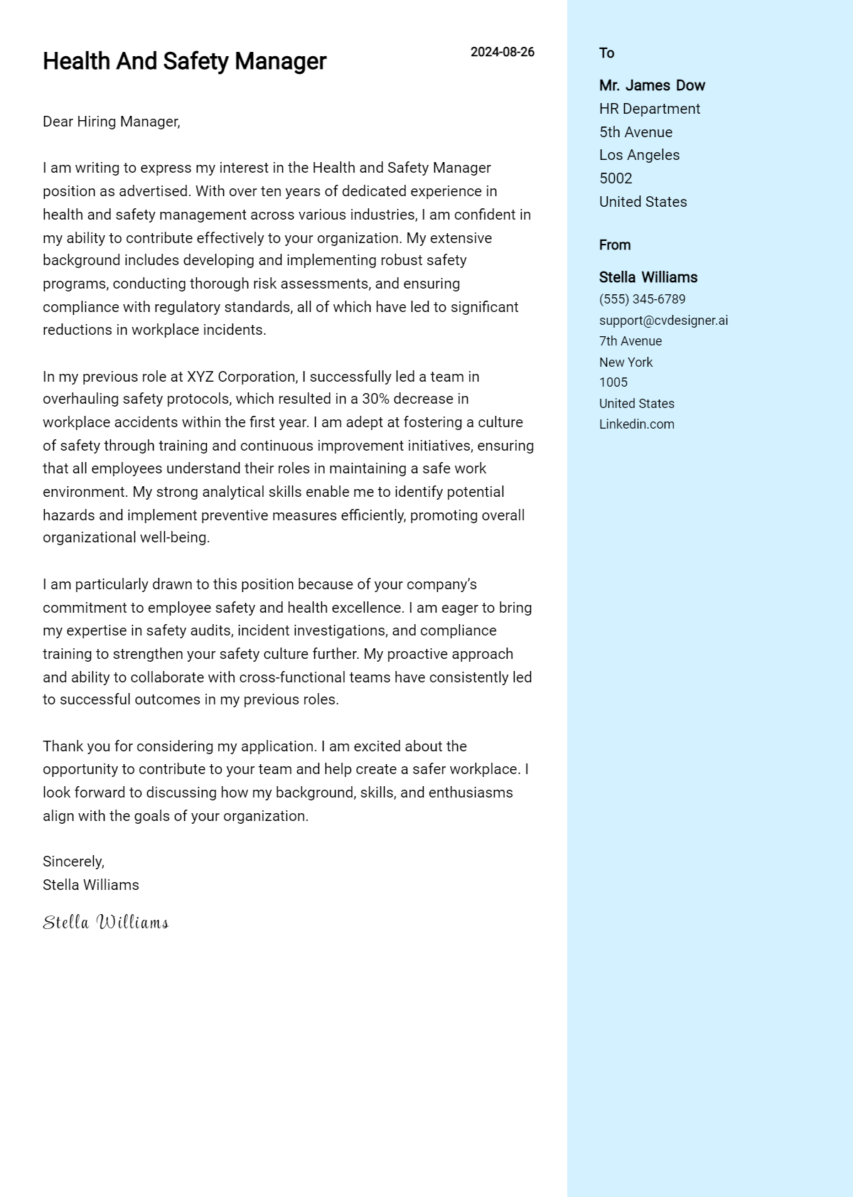 health and safety manager cover letter example