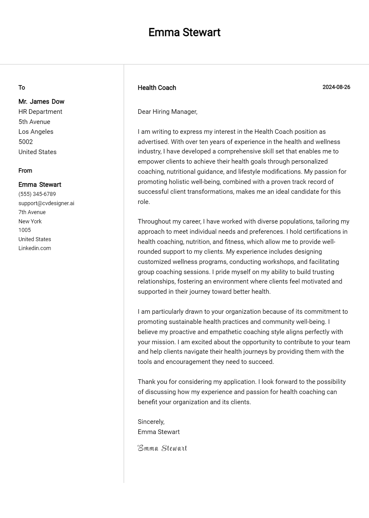 health coach cover letter example