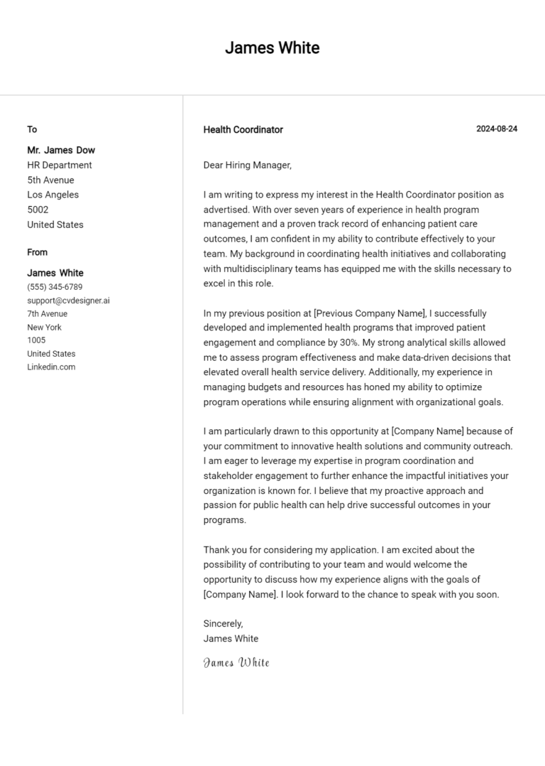 Health Coordinator Cover Letter Examples with Writing Tips for 2025