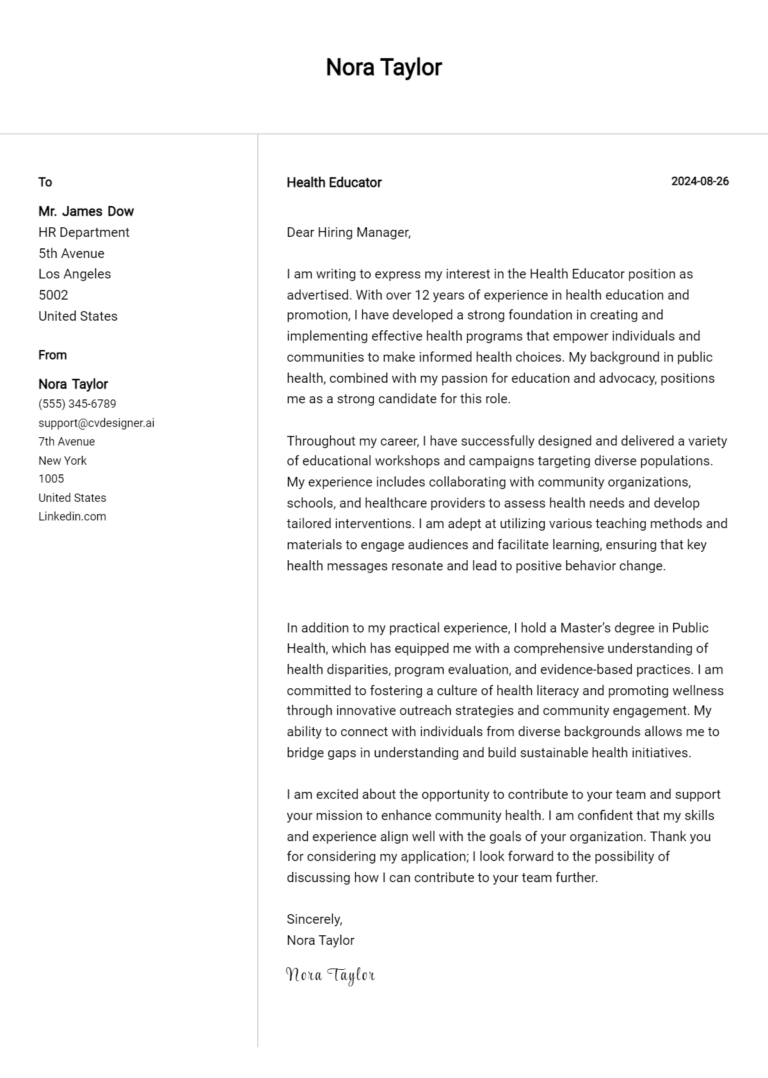 Health Educator Cover Letter Example for 2025: Ultimate Guide