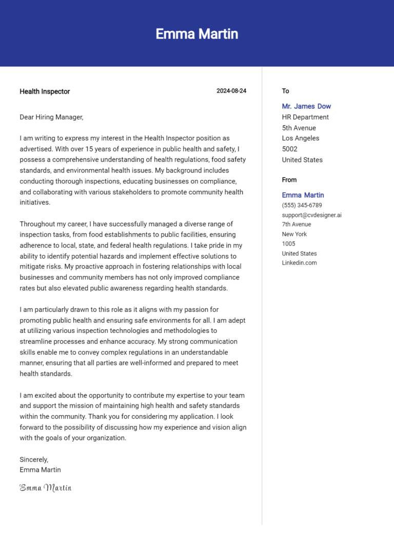 Health Inspector Cover Letter Examples with Writing Tips for 2025