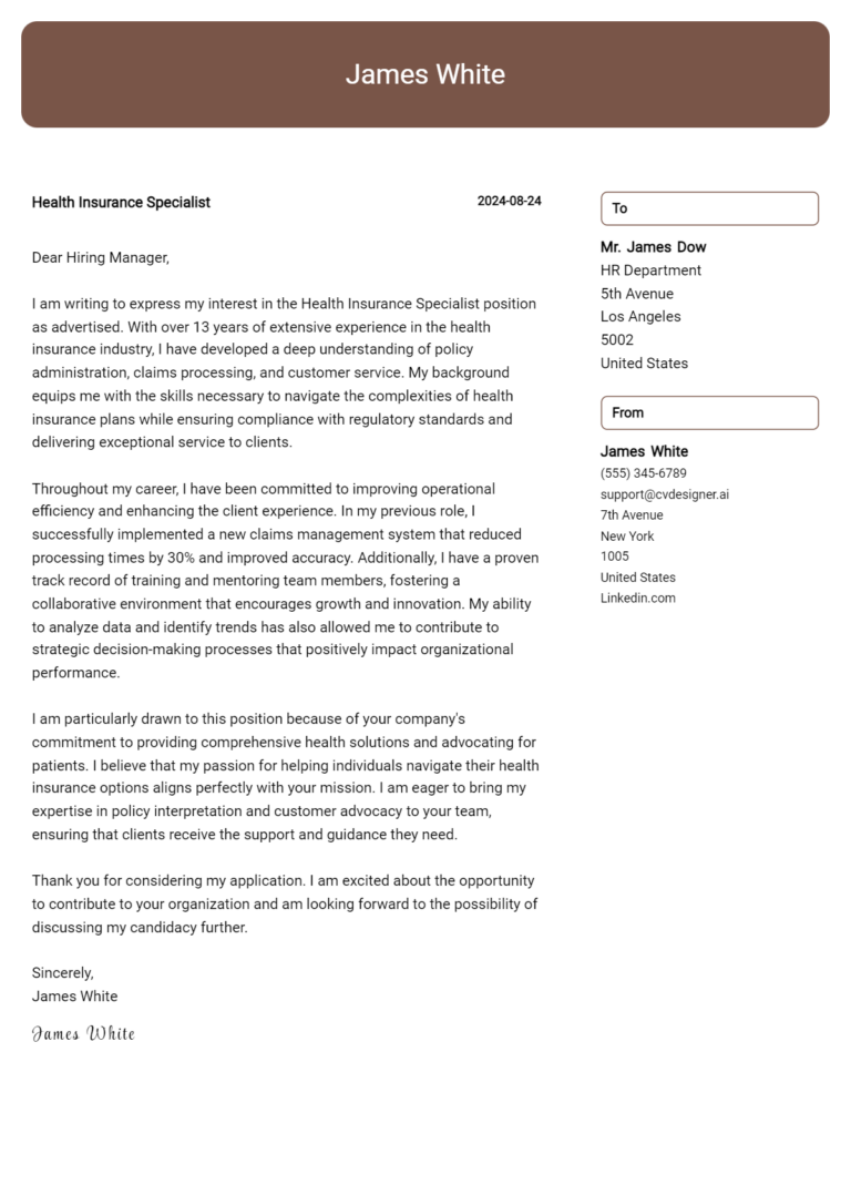 Health Insurance Specialist Cover Letter Example for 2025: Expert Tips & Templates