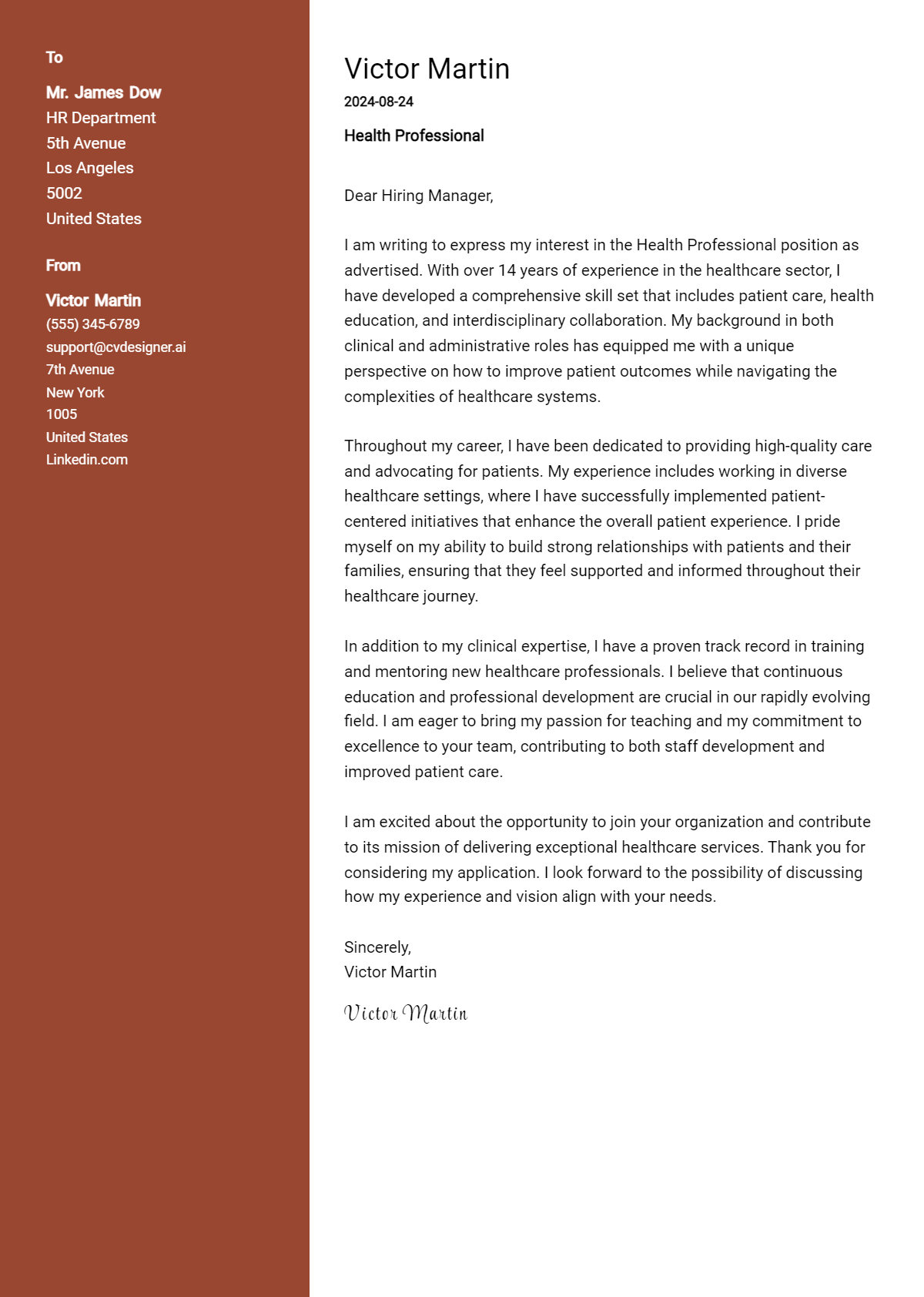 health professional cover letter example