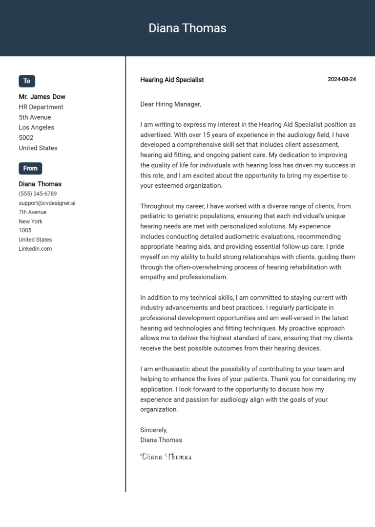 Hearing Aid Specialist Cover Letter Examples with Writing Tips for 2025