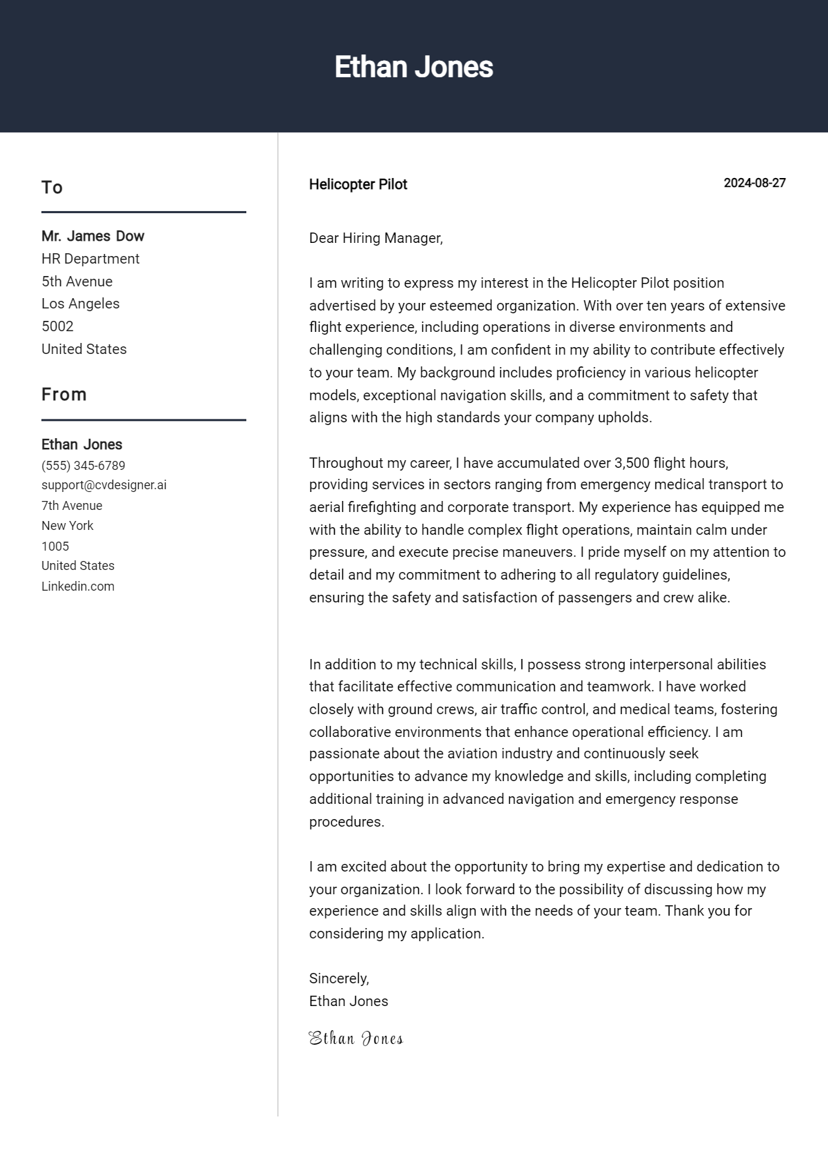 example of pilot cover letter