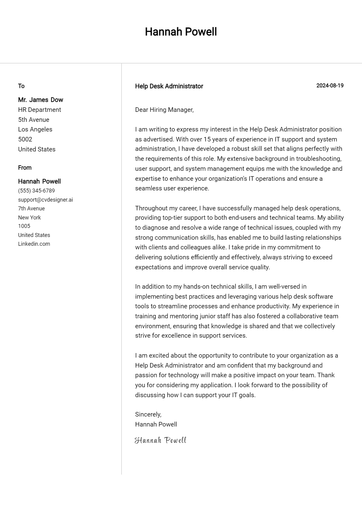 help desk administrator cover letter example