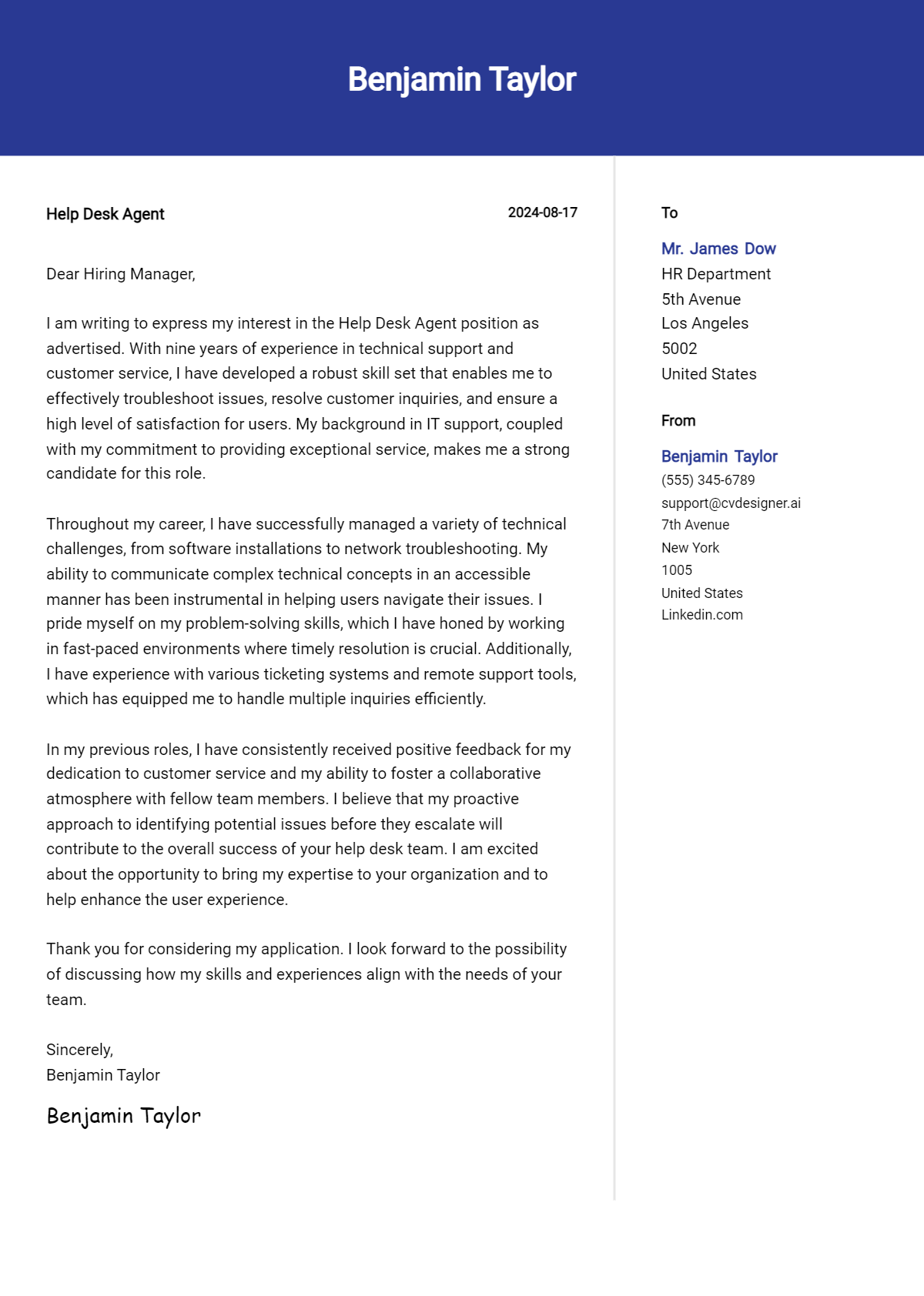 help desk agent cover letter example
