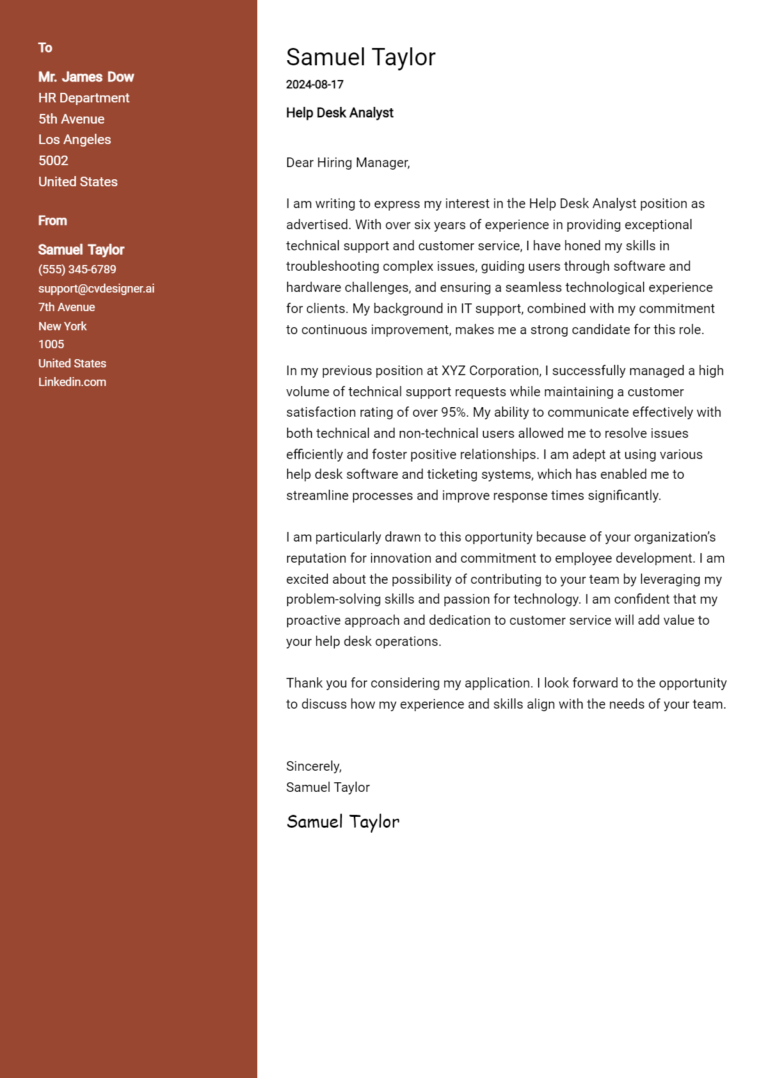 Help Desk Analyst Cover Letter Example for 2025 (Writing Guide)