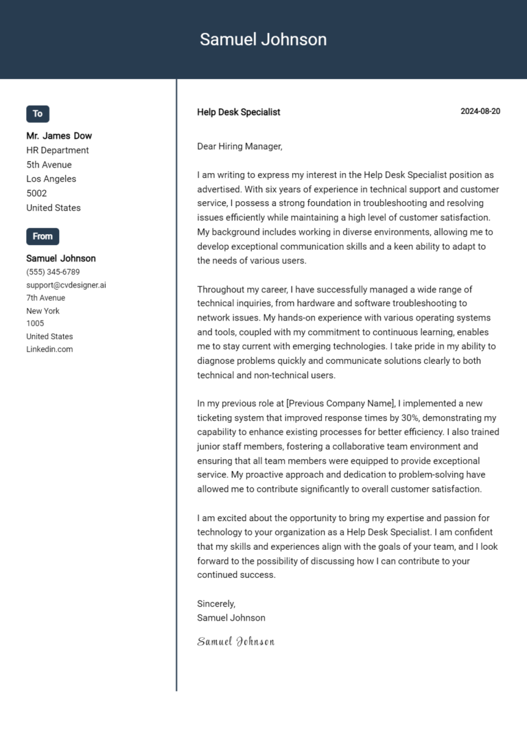 Help Desk Specialist Cover Letter Example for 2025: Ultimate Guide 1 Help Desk Specialist Cover Letter Example for 2025: Ultimate Guide