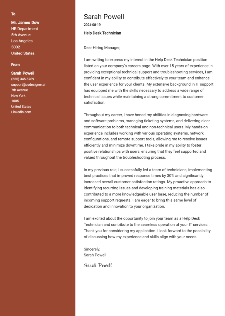Help Desk Technician Cover Letter Example for 2025: Free Templates