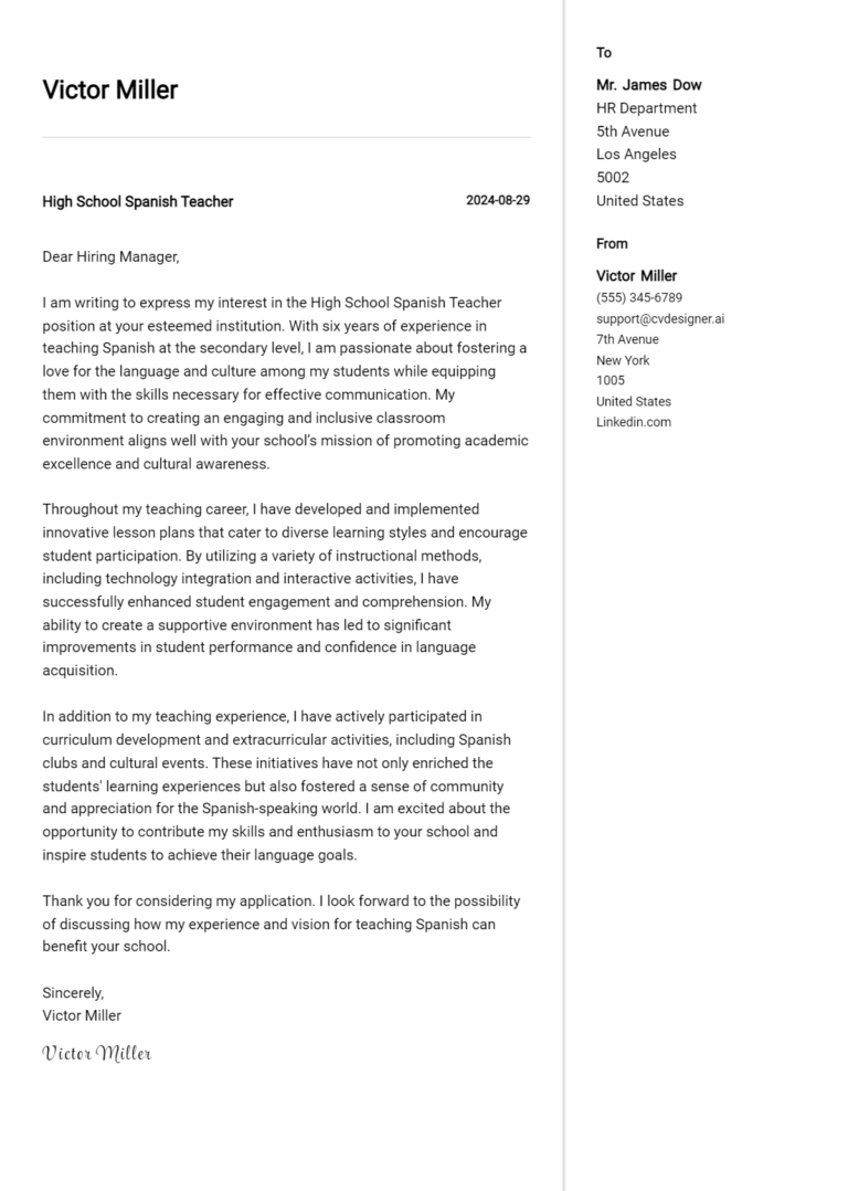 High School Spanish Teacher Cover Letter Example for 2025: Proven Tips 1 High School Spanish Teacher Cover Letter Example for 2025: Proven Tips