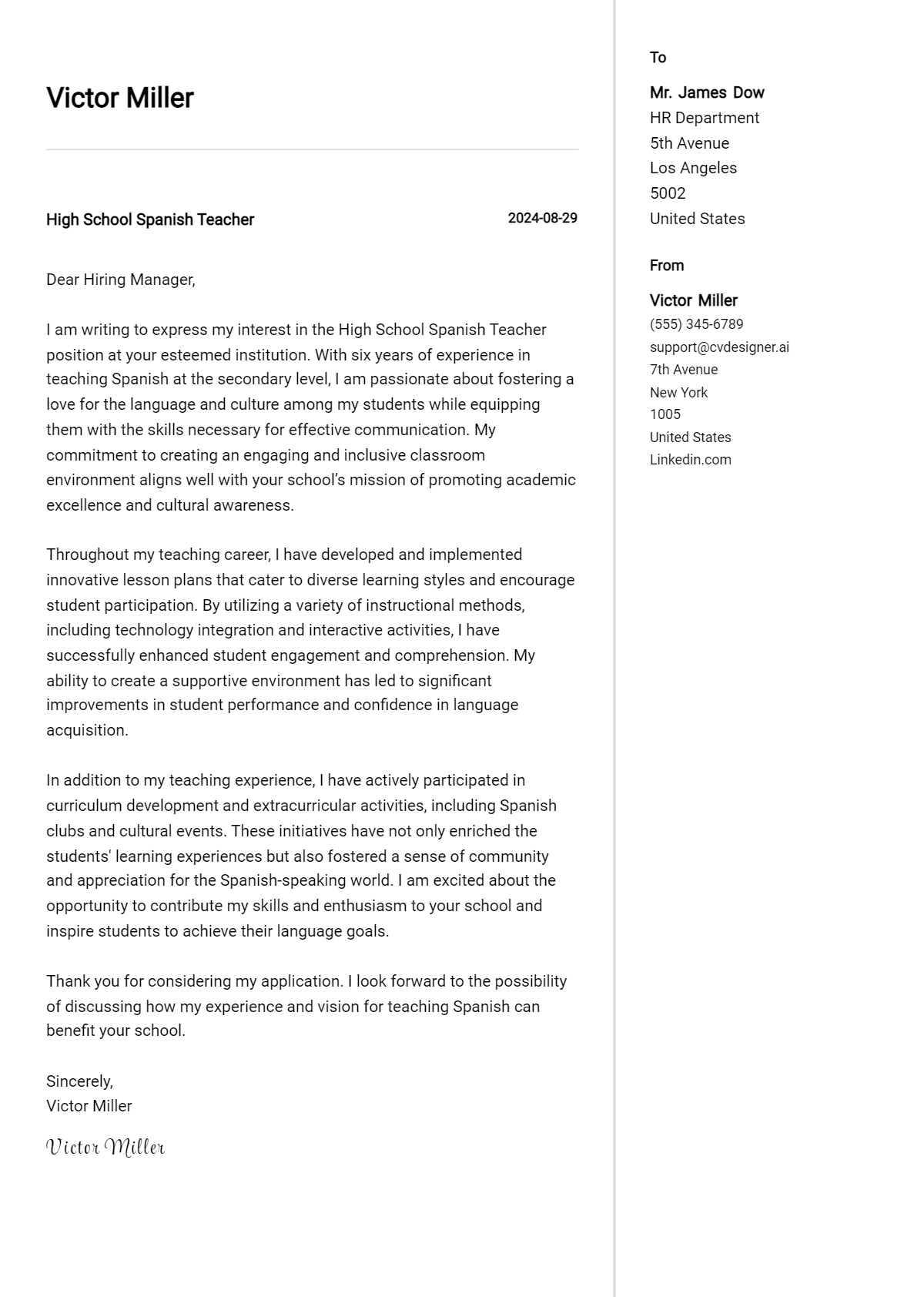 high school spanish teacher cover letter example