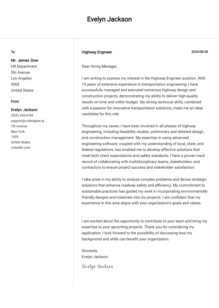 Highway Engineer Cover Letter Examples & Samples for 2025