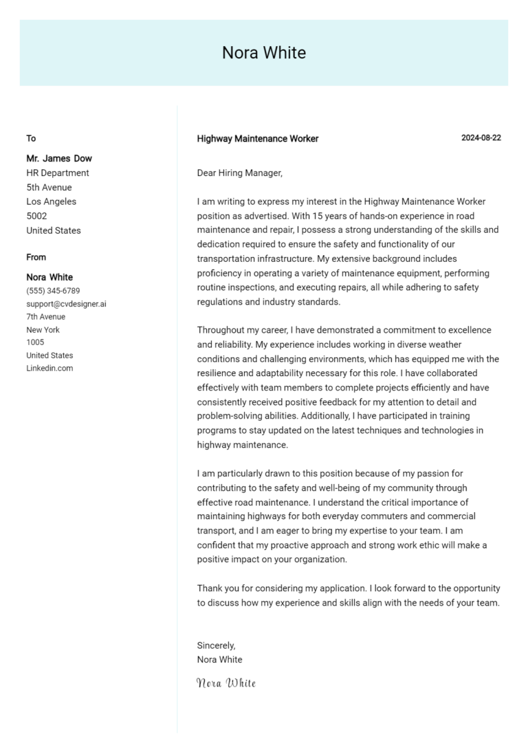 Highway Maintenance Worker Cover Letter Example for 2025 (Free Templates)