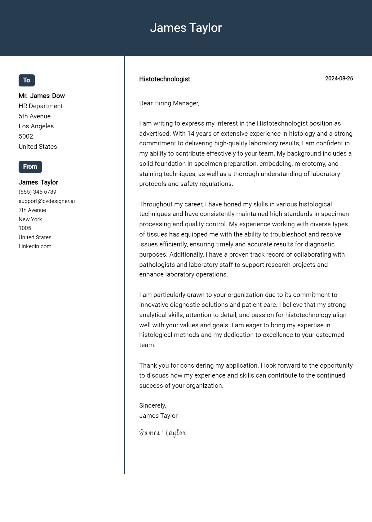 histotechnologist cover letter example