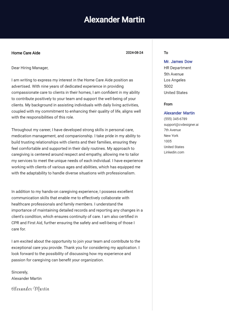 Home Care Aide Cover Letter Example for 2025: Free Templates