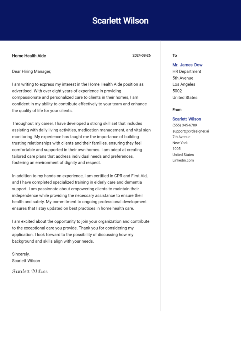 Home Health Aide Cover Letter Example for 2025: Ultimate Guide