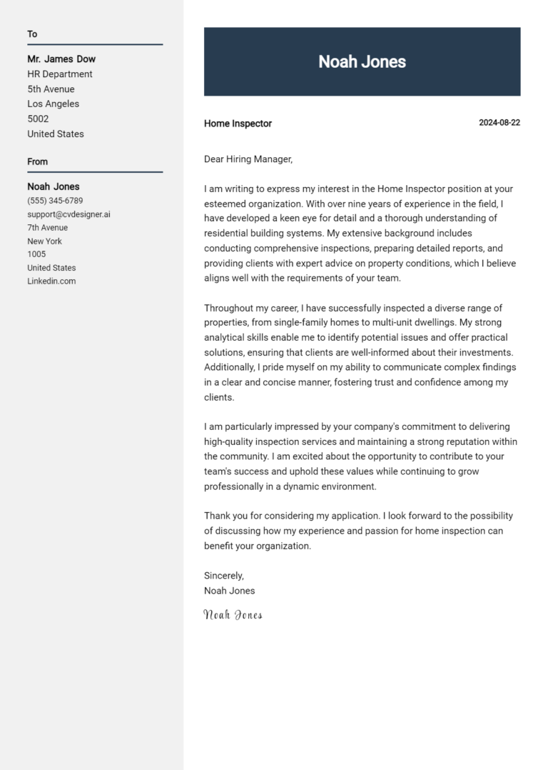 Home Inspector Cover Letter Example for 2025: Tips & Templates
