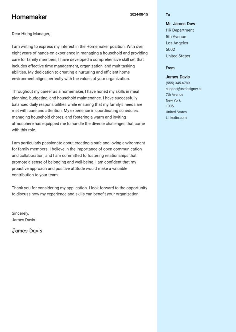 Homemaker Cover Letter Samples & Examples 2025