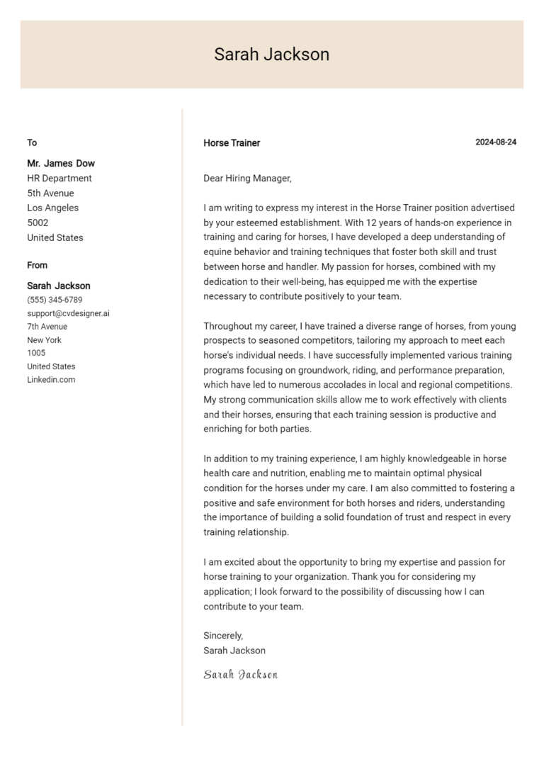 Horse Trainer Cover Letter Examples & Samples for 2025