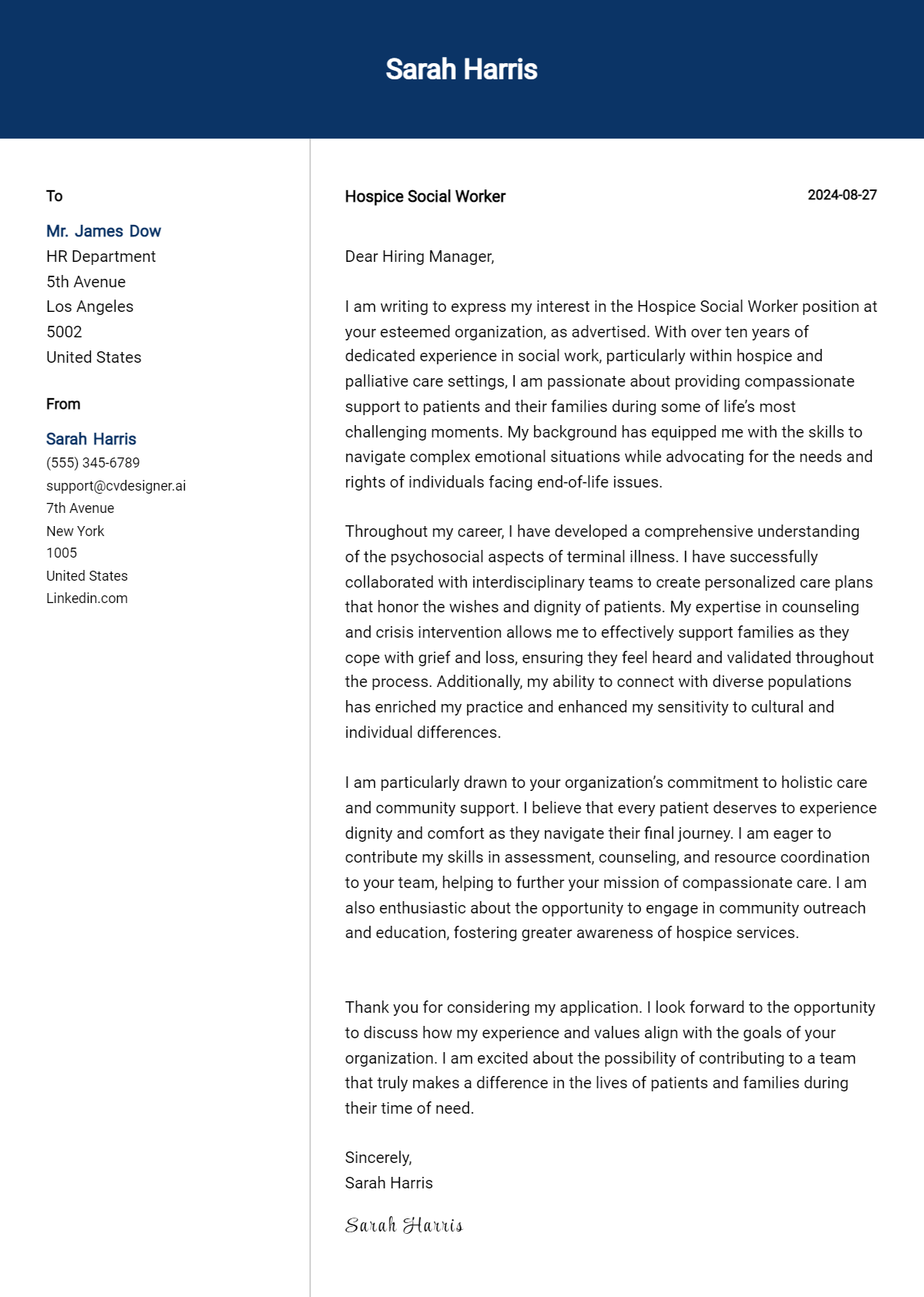 hospice social worker cover letter example