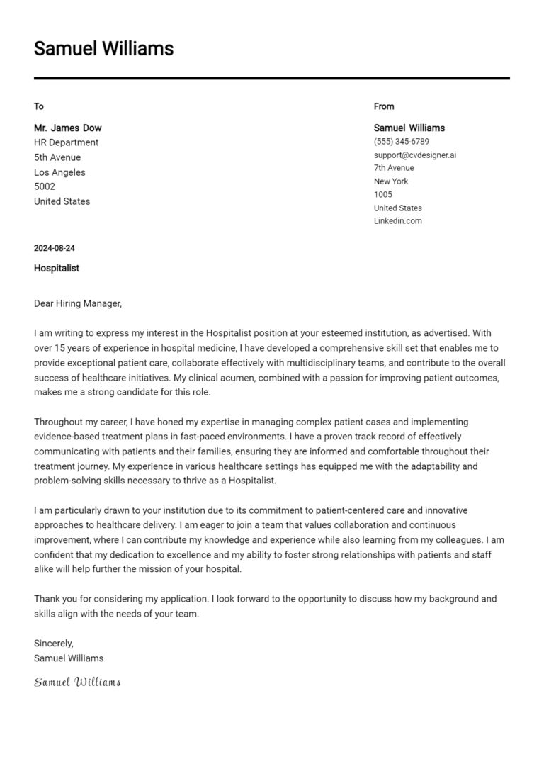 Hospitalist Cover Letter Example for 2025: Top CV Skills