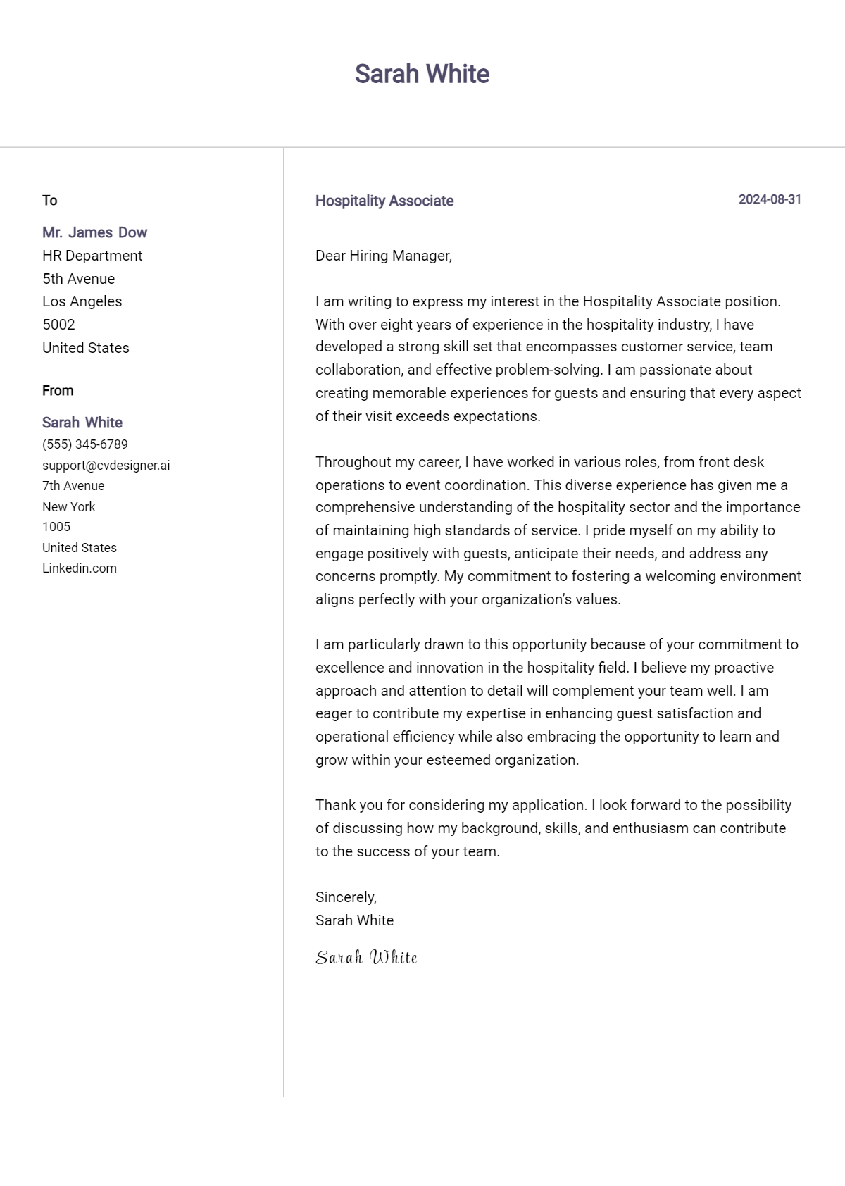 hospitality associate cover letter example