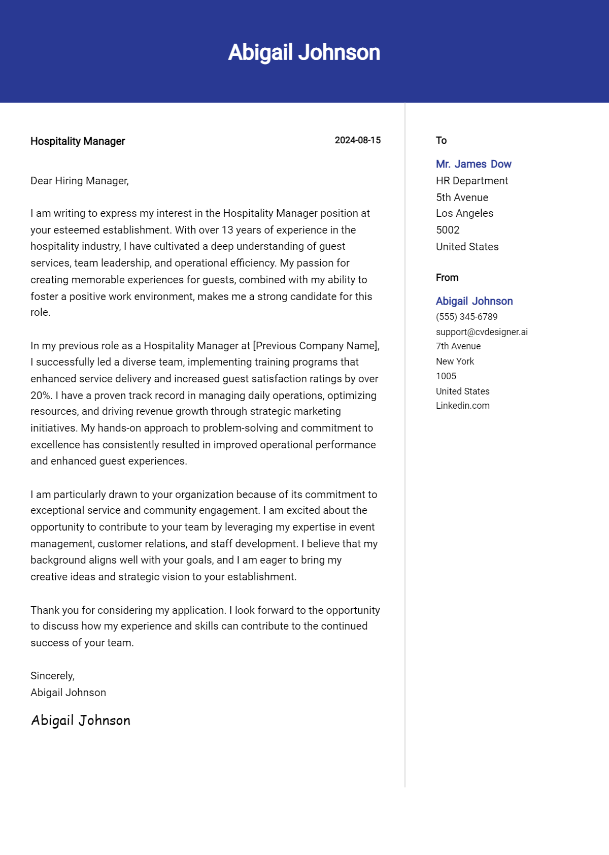 hospitality manager cover letter example