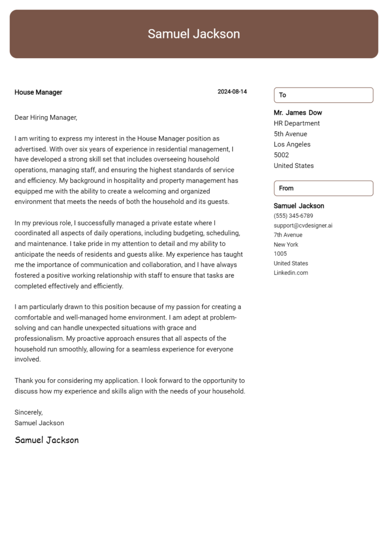 House Manager Cover Letter Examples for 2025 (Downloadable)