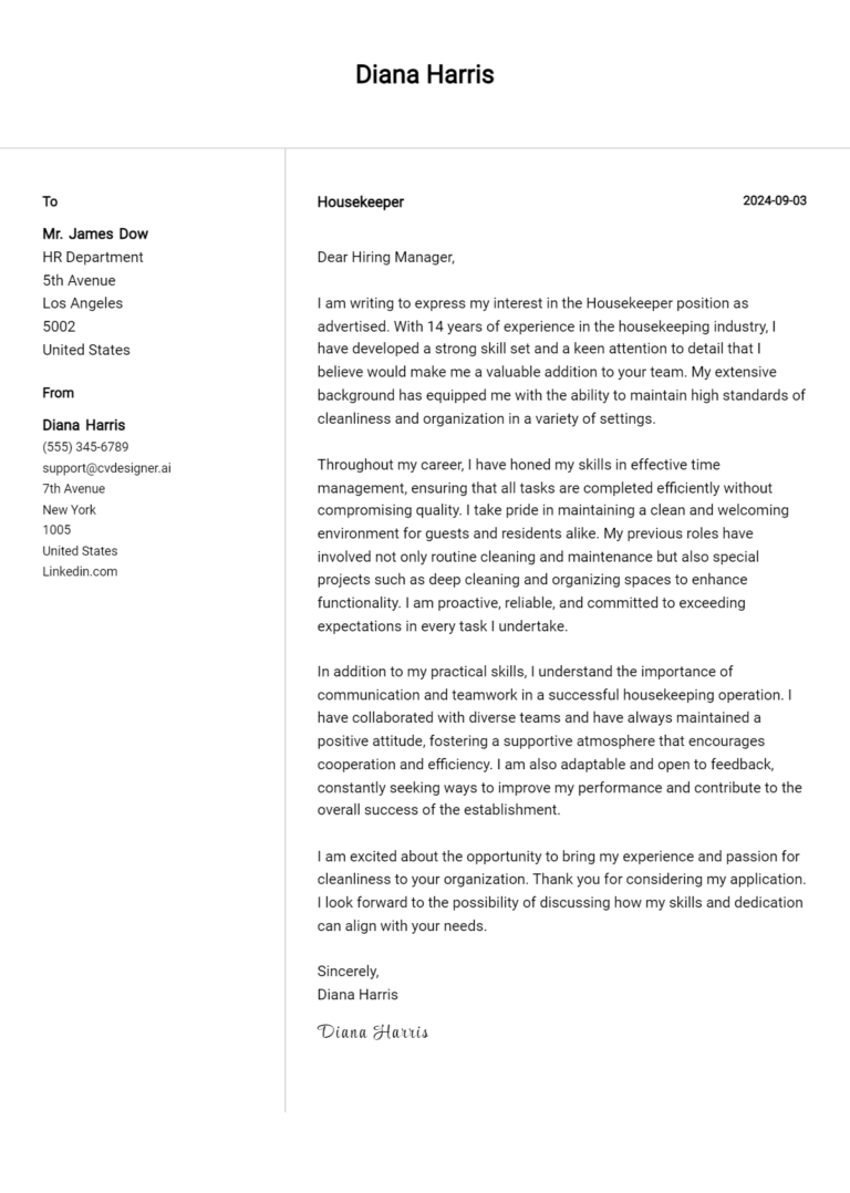 Housekeeper Cover Letter Example for 2025: Free Templates