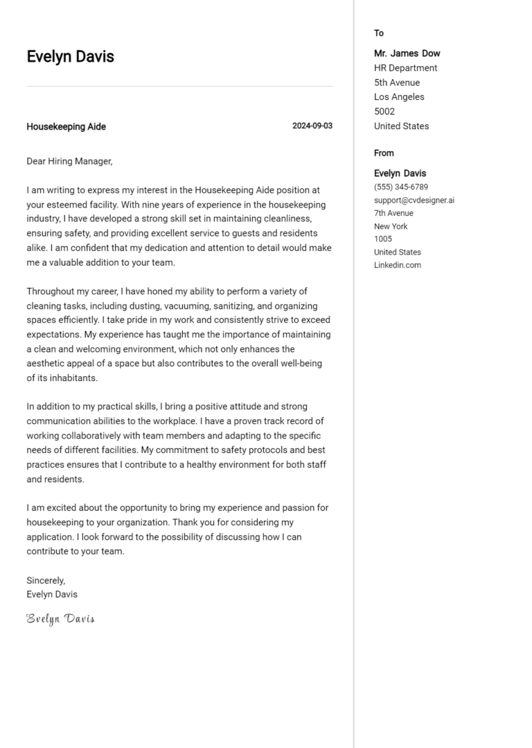 Housekeeping Aide Cover Letter Example for 2025 (Writing Guide)