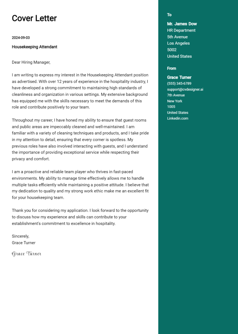 6 Housekeeping Attendant Cover Letter Example for 2025 (Download Templates)