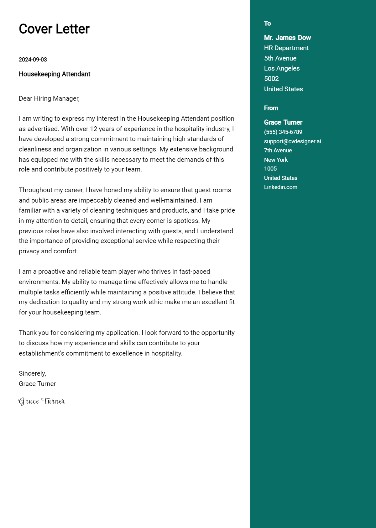 housekeeping attendant cover letter example