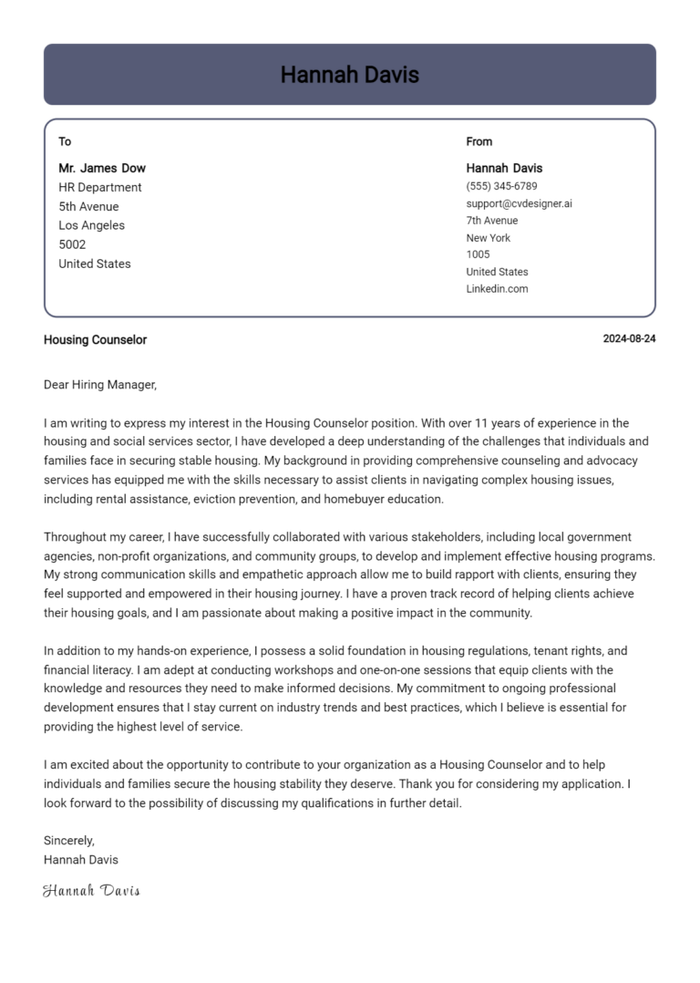 Housing Counselor Cover Letter Examples with Writing Tips for 2025