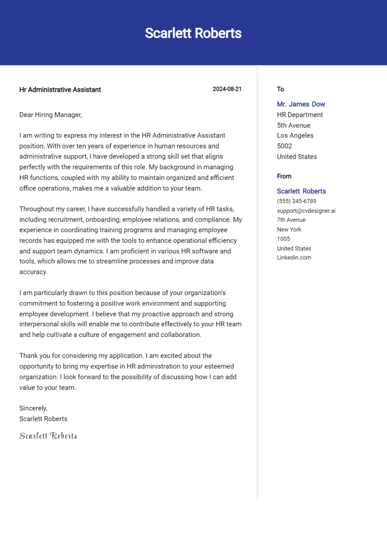 HR Administrative Assistant Cover Letter Samples & Examples 2025