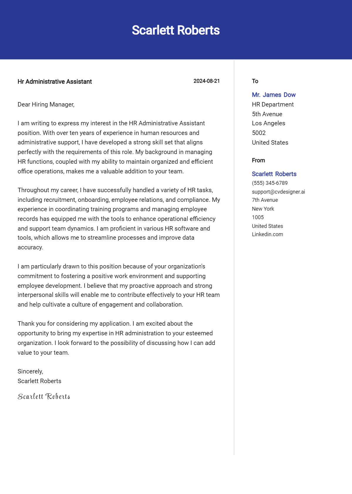 hr administrative assistant cover letter example