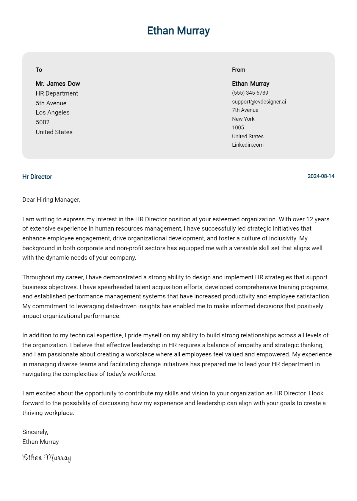 hr director cover letter example