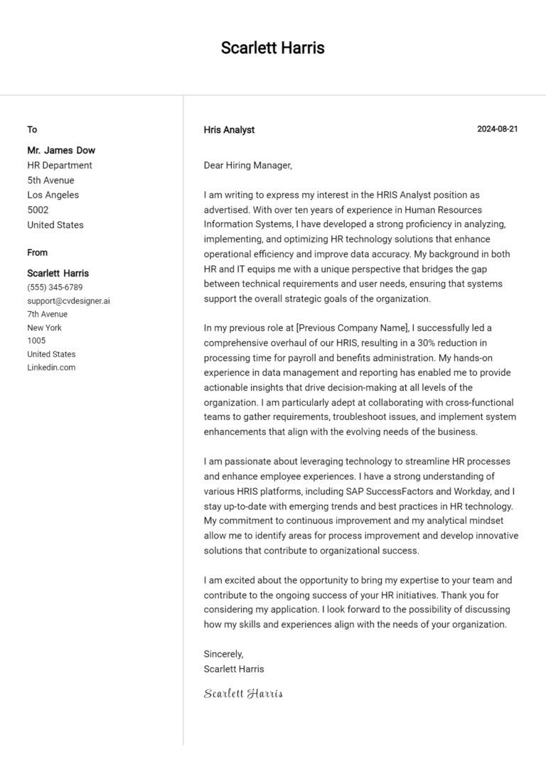 Hris Analyst Cover Letter Examples and Templates for 2025
