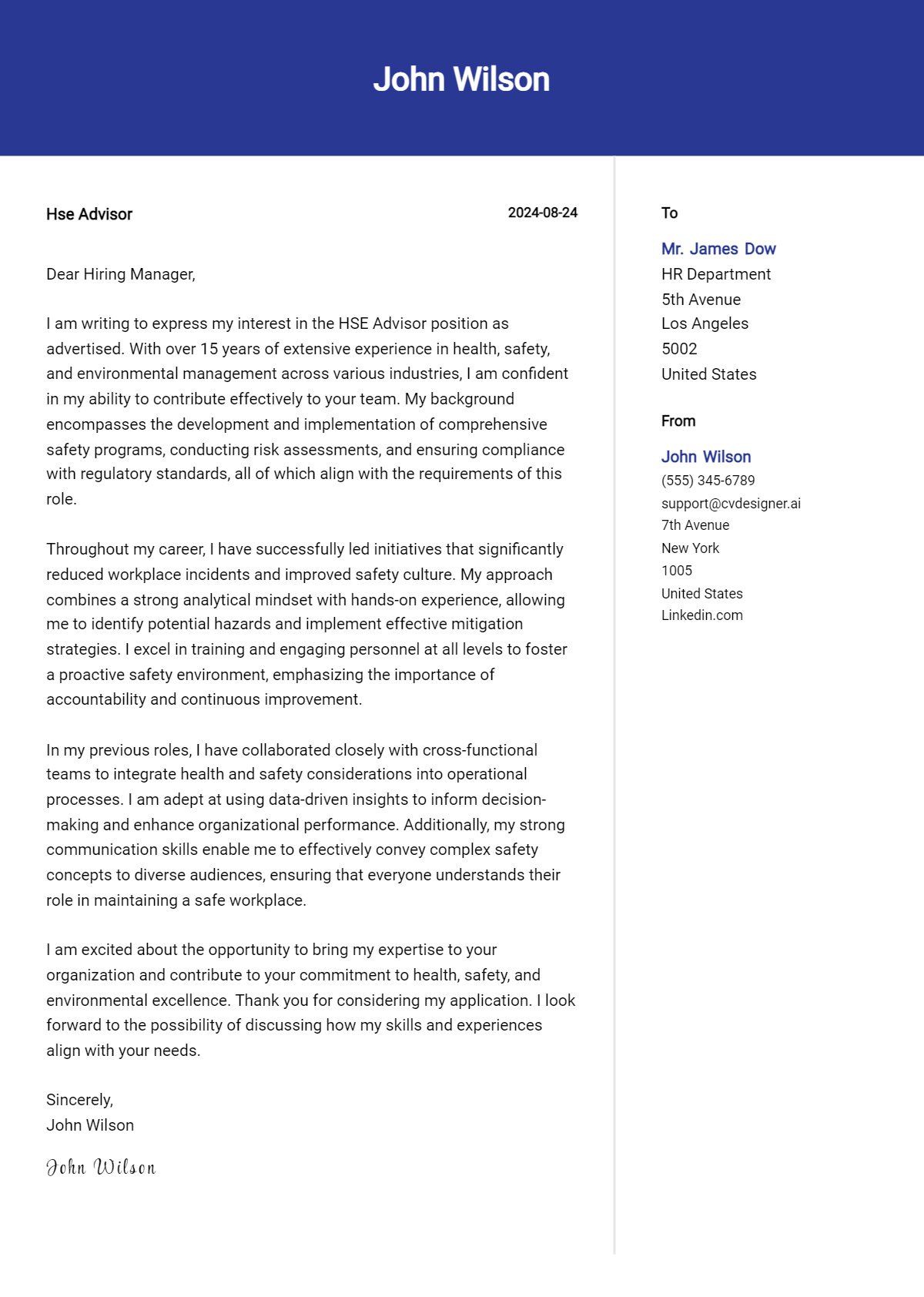 hse advisor cover letter example