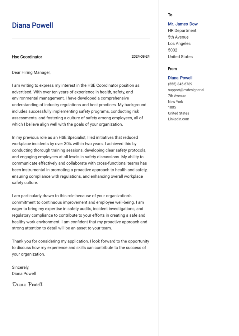 Hse Coordinator Cover Letter Examples with Writing Tips for 2025