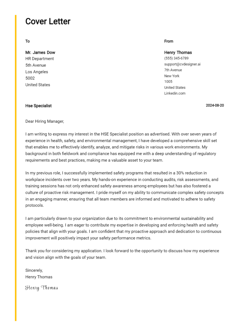 HSE Specialist Cover Letter Examples & Samples for 2025
