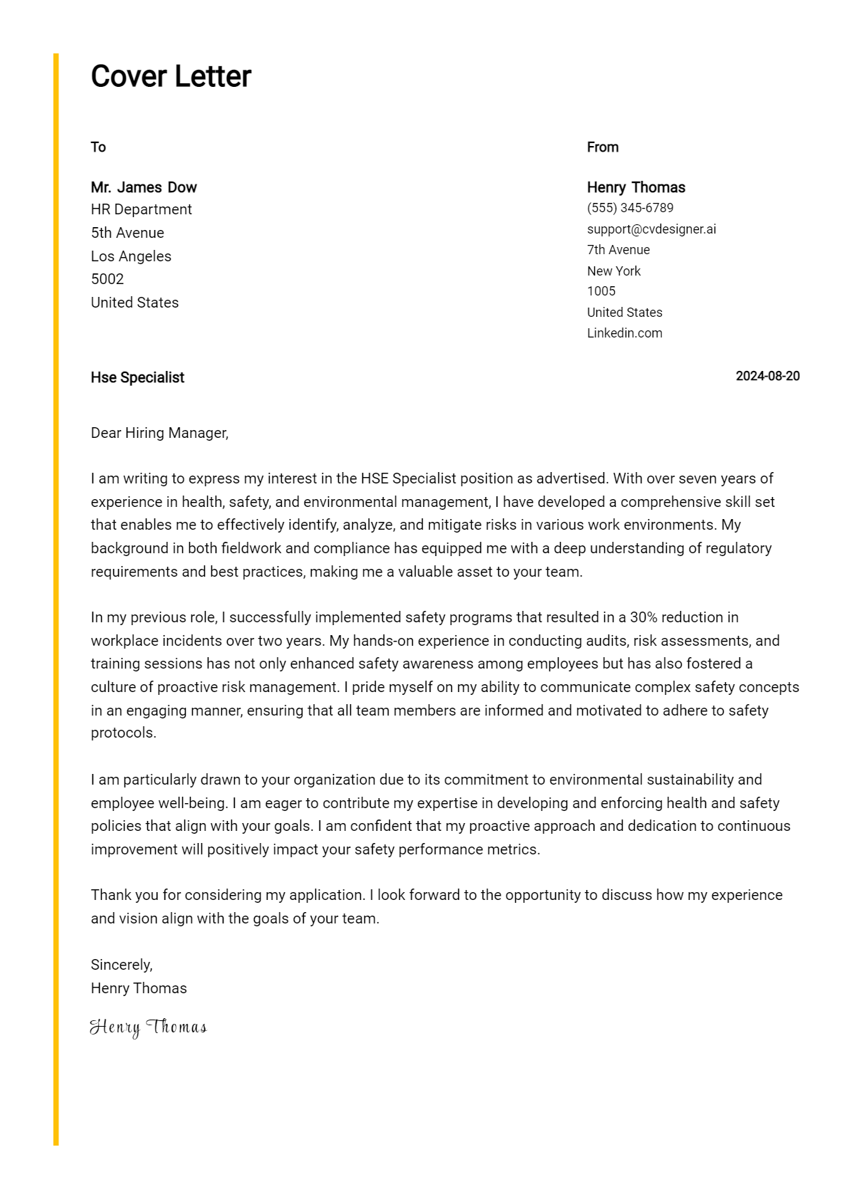 hse specialist cover letter example