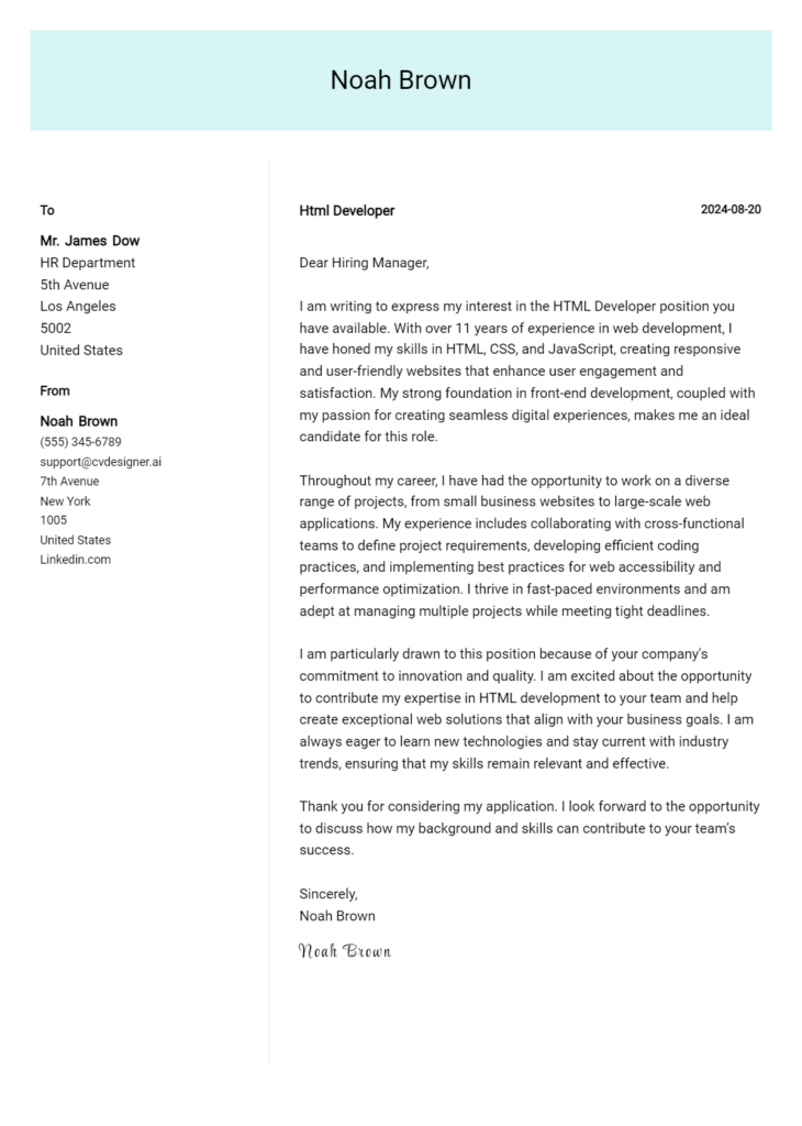 html developer cover letter example